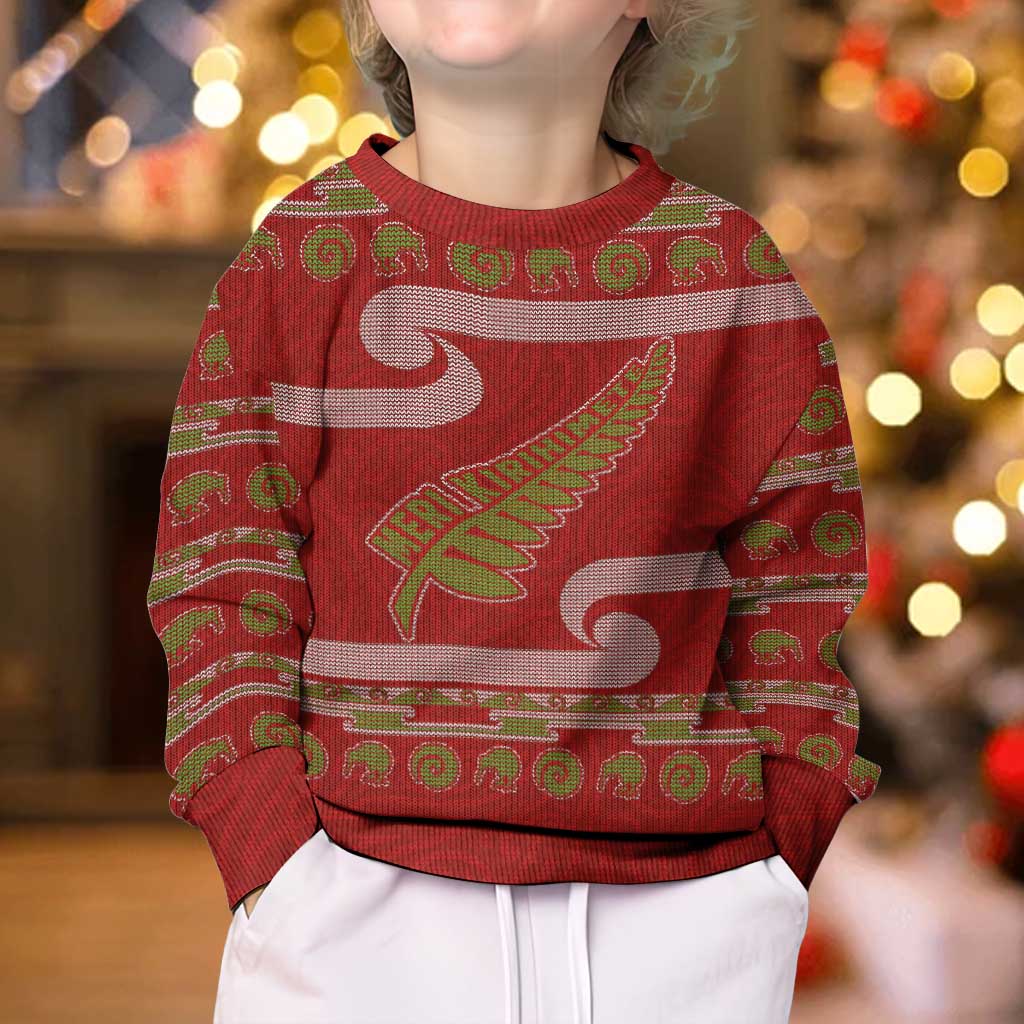 New Zealand Christmas Kid Ugly Christmas Sweater Meri Kirihimete Silver Fern Knit Style Green Color LT03 - Polynesian Pride