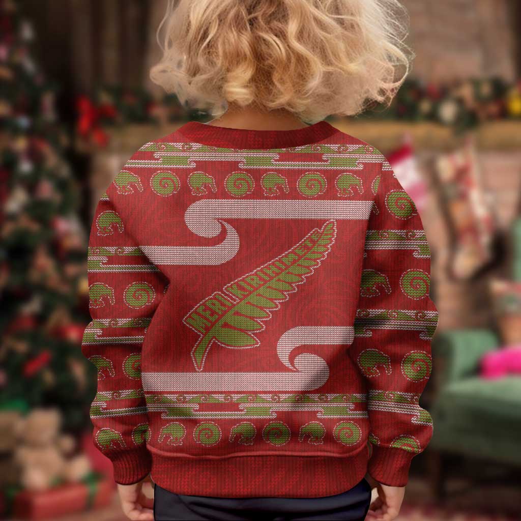 New Zealand Christmas Kid Ugly Christmas Sweater Meri Kirihimete Silver Fern Knit Style Green Color LT03 - Polynesian Pride