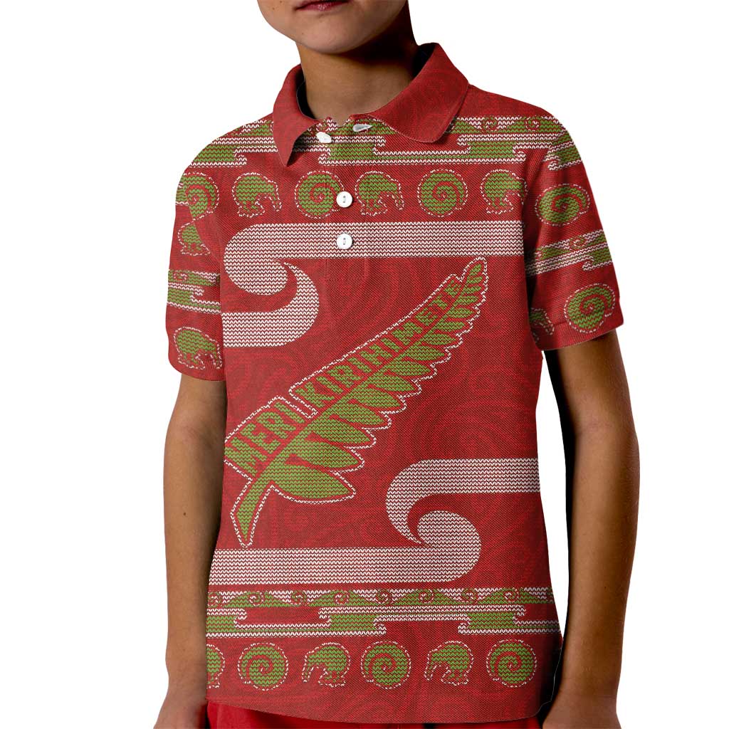 New Zealand Christmas Kid Polo Shirt Meri Kirihimete Silver Fern Knit Style Green Color LT03 Kid Green - Polynesian Pride