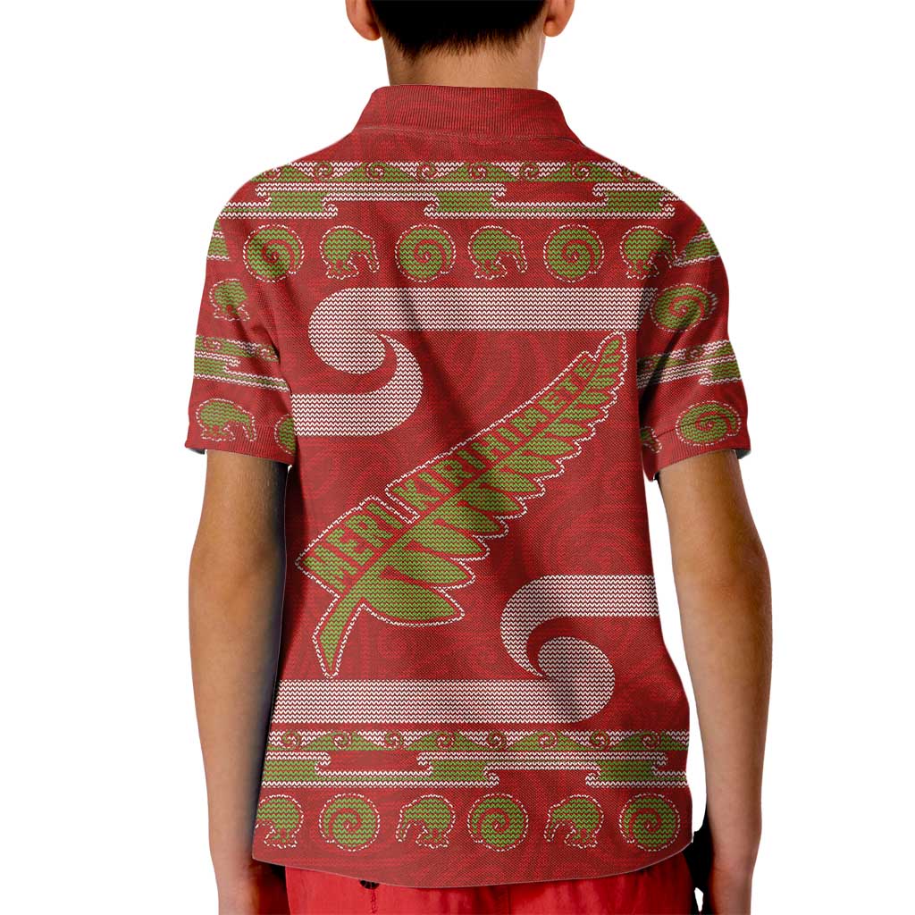 New Zealand Christmas Kid Polo Shirt Meri Kirihimete Silver Fern Knit Style Green Color LT03 - Polynesian Pride