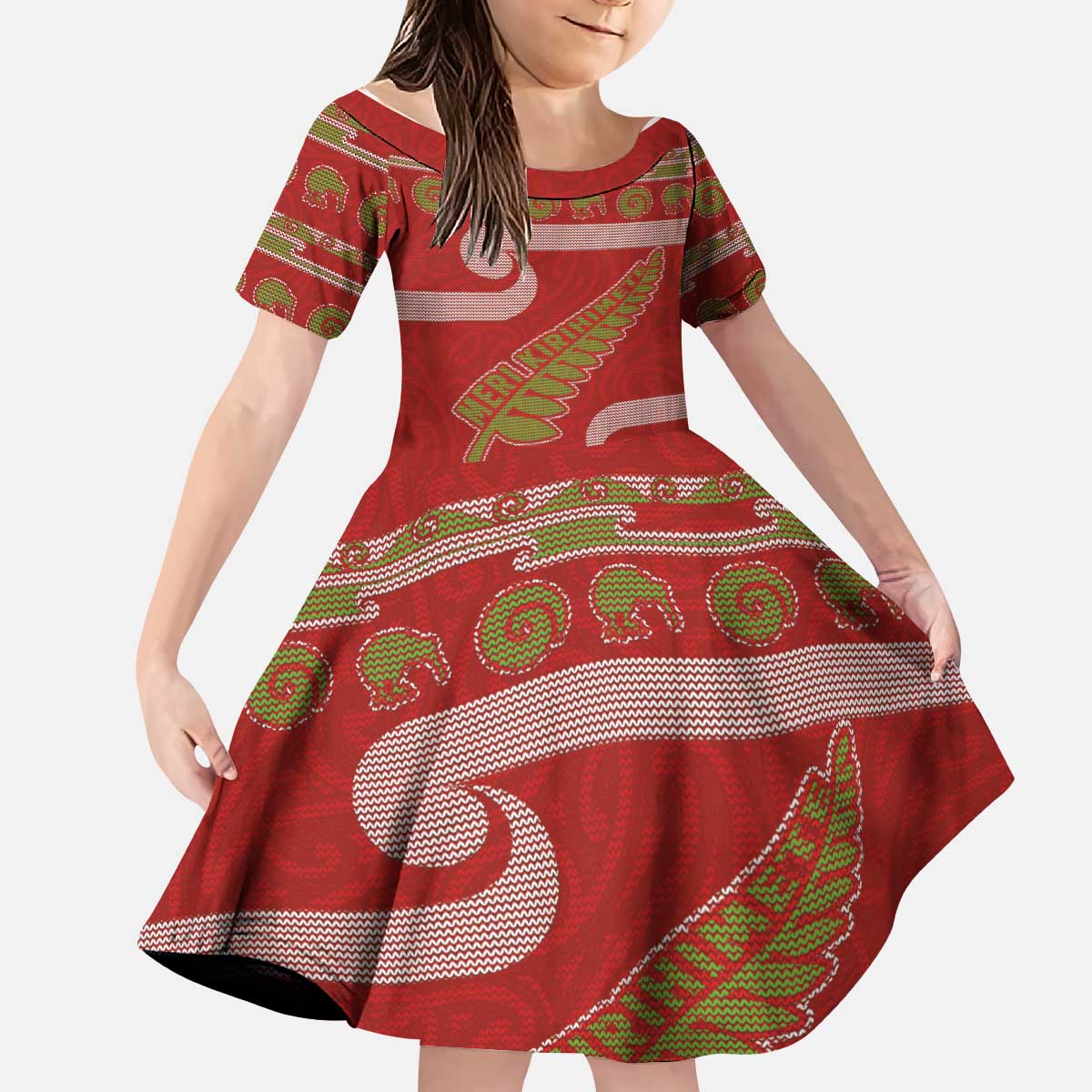 New Zealand Christmas Kid Short Sleeve Dress Meri Kirihimete Silver Fern Knit Style Green Color - Polynesian Pride