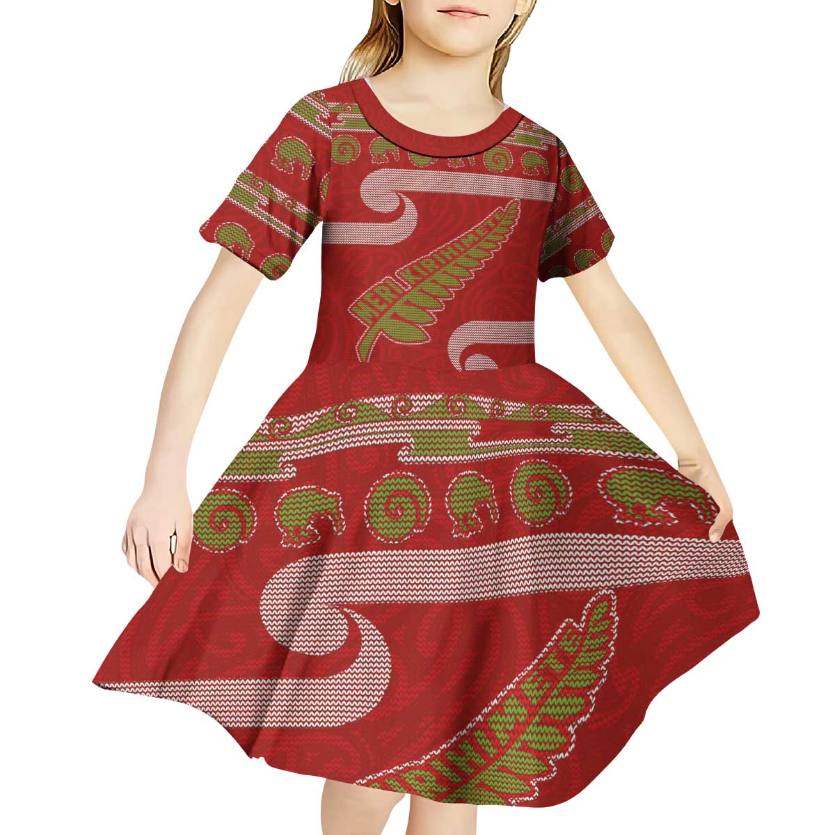 New Zealand Christmas Kid Short Sleeve Dress Meri Kirihimete Silver Fern Knit Style Green Color LT03 - Polynesian Pride