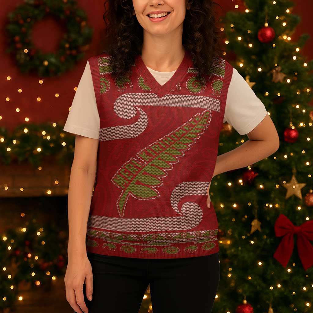 New Zealand Christmas Knitted V-Neck Vest Meri Kirihimete Silver Fern Knit Style Green Color LT03 - Polynesian Pride