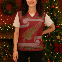 New Zealand Christmas Knitted V-Neck Vest Meri Kirihimete Silver Fern Knit Style Green Color LT03 - Polynesian Pride