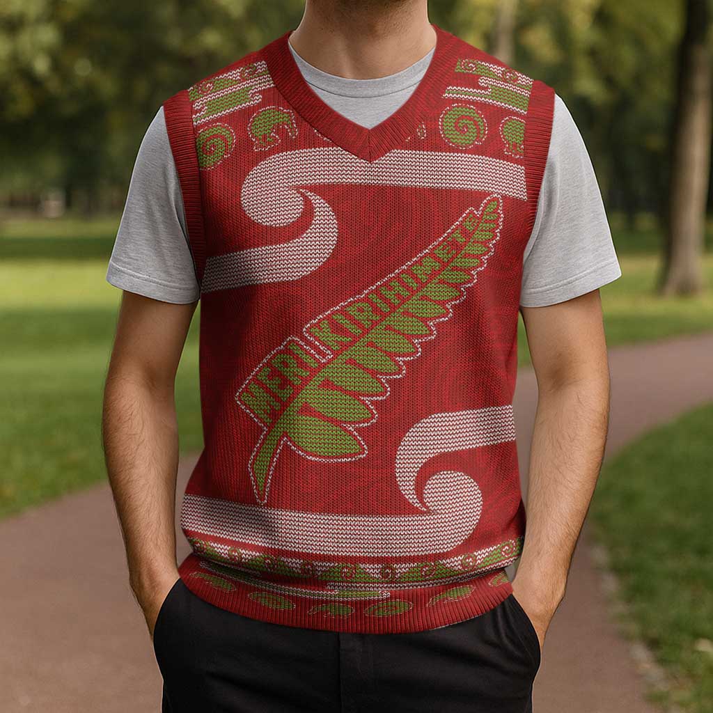 New Zealand Christmas Knitted V-Neck Vest Meri Kirihimete Silver Fern Knit Style Green Color LT03 - Polynesian Pride
