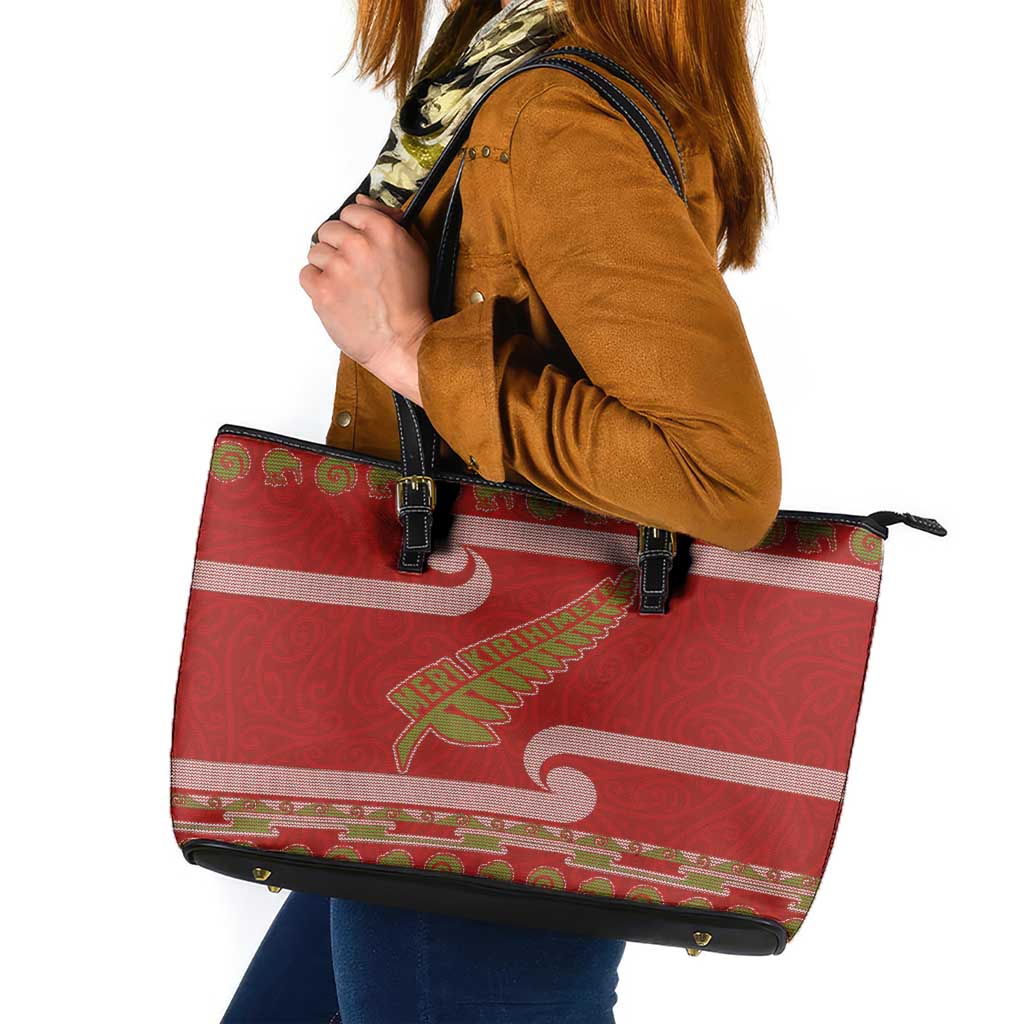 New Zealand Christmas Leather Tote Bag Meri Kirihimete Silver Fern Knit Style Green Color LT03 Green - Polynesian Pride