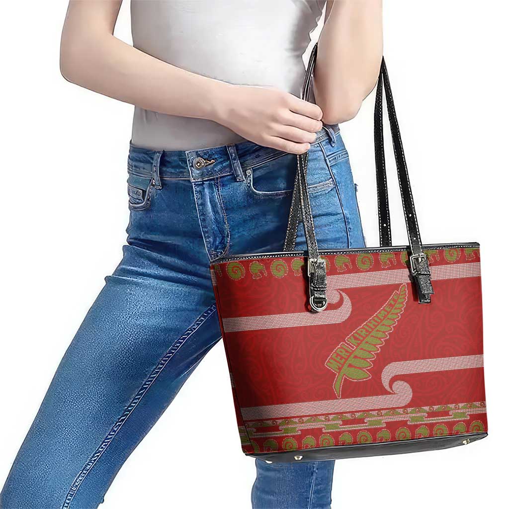 New Zealand Christmas Leather Tote Bag Meri Kirihimete Silver Fern Knit Style Green Color LT03 - Polynesian Pride