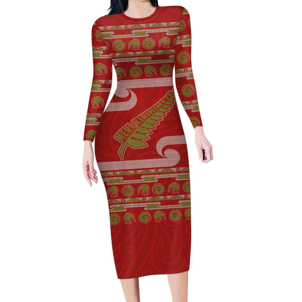 New Zealand Christmas Long Sleeve Bodycon Dress Meri Kirihimete Silver Fern Knit Style Green Color LT03 Long Dress Green - Polynesian Pride