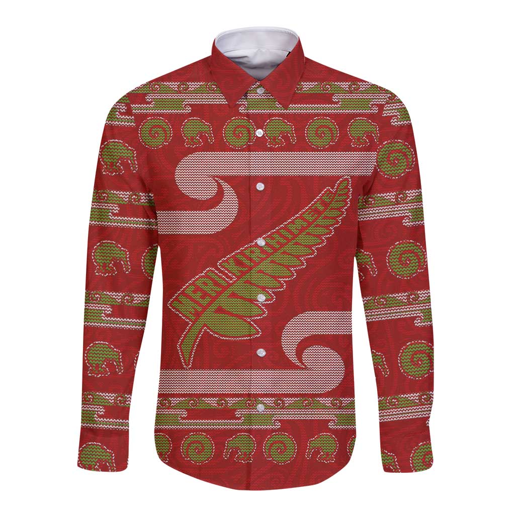 New Zealand Christmas Long Sleeve Button Shirt Meri Kirihimete Silver Fern Knit Style Green Color - Polynesian Pride