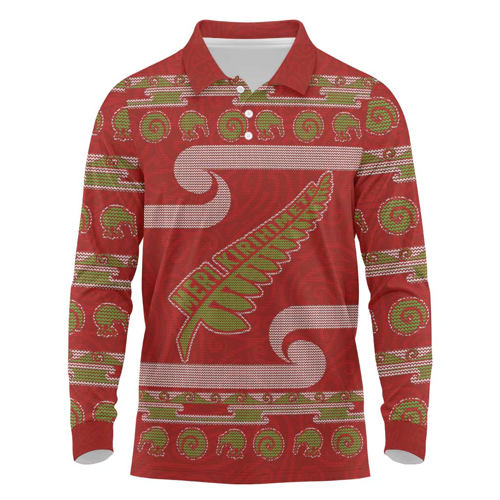 New Zealand Christmas Long Sleeve Polo Shirt Meri Kirihimete Silver Fern Knit Style Green Color - Polynesian Pride