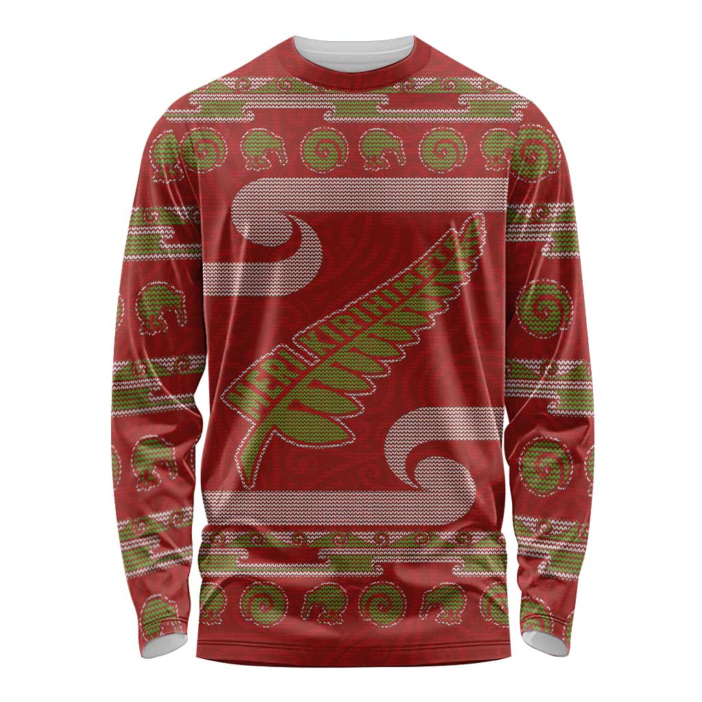 New Zealand Christmas Long Sleeve Shirt Meri Kirihimete Silver Fern Knit Style Green Color - Polynesian Pride