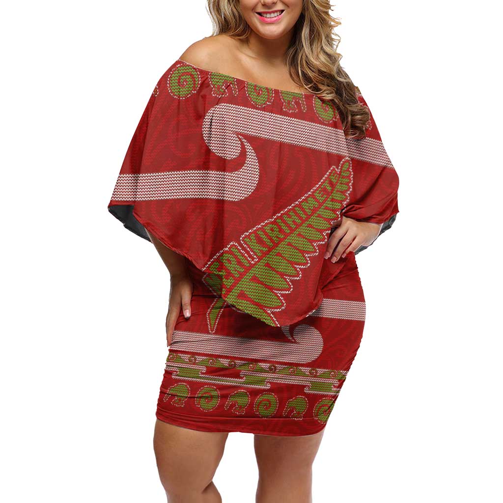 New Zealand Christmas Off Shoulder Short Dress Meri Kirihimete Silver Fern Knit Style Green Color LT03 Women Green - Polynesian Pride