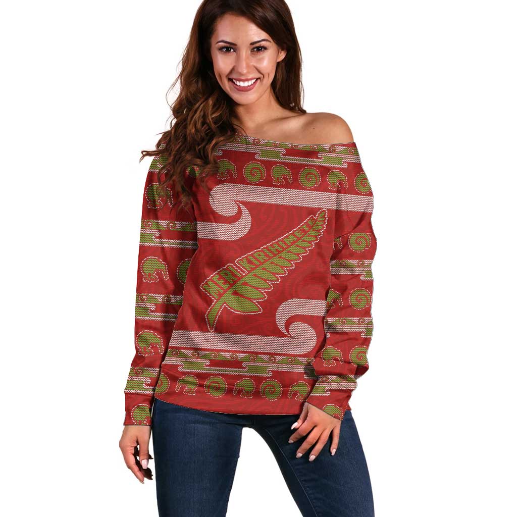New Zealand Christmas Off Shoulder Sweater Meri Kirihimete Silver Fern Knit Style Green Color - Polynesian Pride