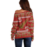 New Zealand Christmas Off Shoulder Sweater Meri Kirihimete Silver Fern Knit Style Green Color LT03 - Polynesian Pride