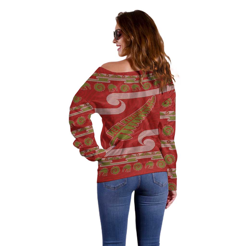 New Zealand Christmas Off Shoulder Sweater Meri Kirihimete Silver Fern Knit Style Green Color LT03 - Polynesian Pride