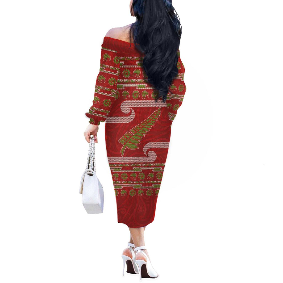 New Zealand Christmas Off The Shoulder Long Sleeve Dress Meri Kirihimete Silver Fern Knit Style Green Color LT03 - Polynesian Pride