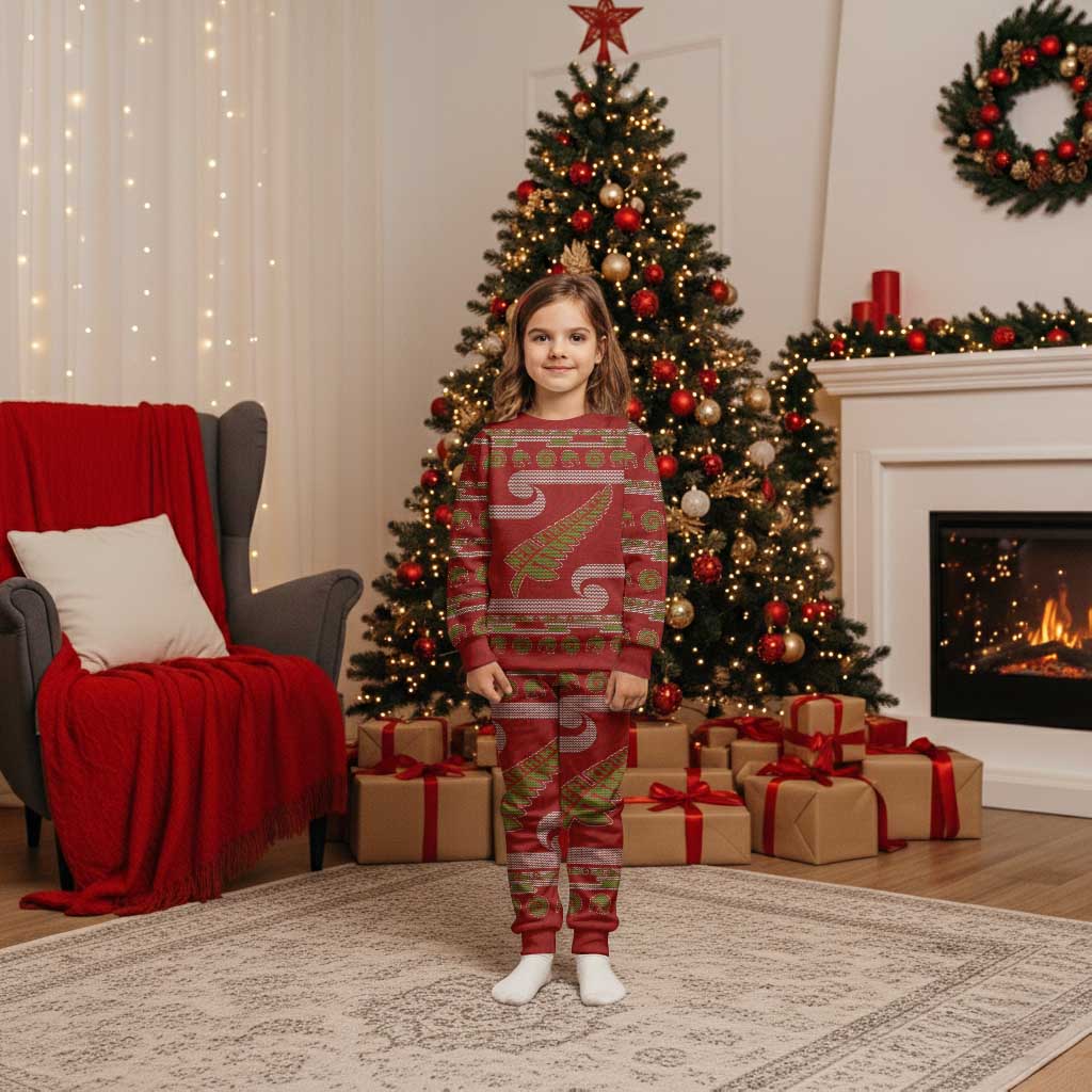 New Zealand Christmas Pajama Set Meri Kirihimete Silver Fern Knit Style Green Color LT03 Kid Green - Polynesian Pride