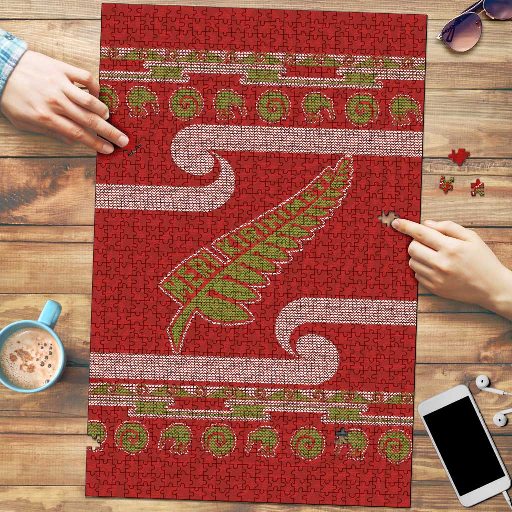 New Zealand Christmas Puzzle Meri Kirihimete Silver Fern Knit Style Green Color - Polynesian Pride