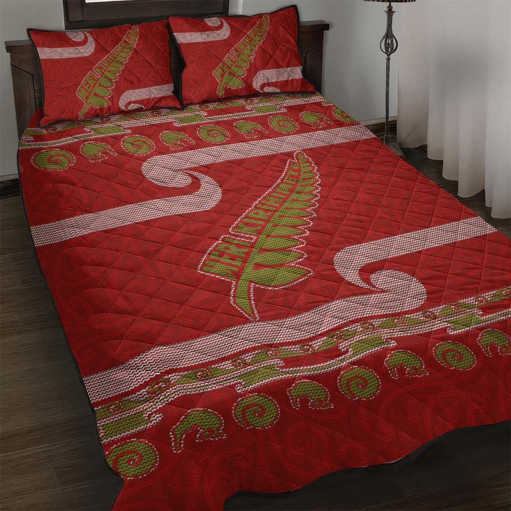New Zealand Christmas Quilt Bed Set Meri Kirihimete Silver Fern Knit Style Green Color LT03 Green - Polynesian Pride
