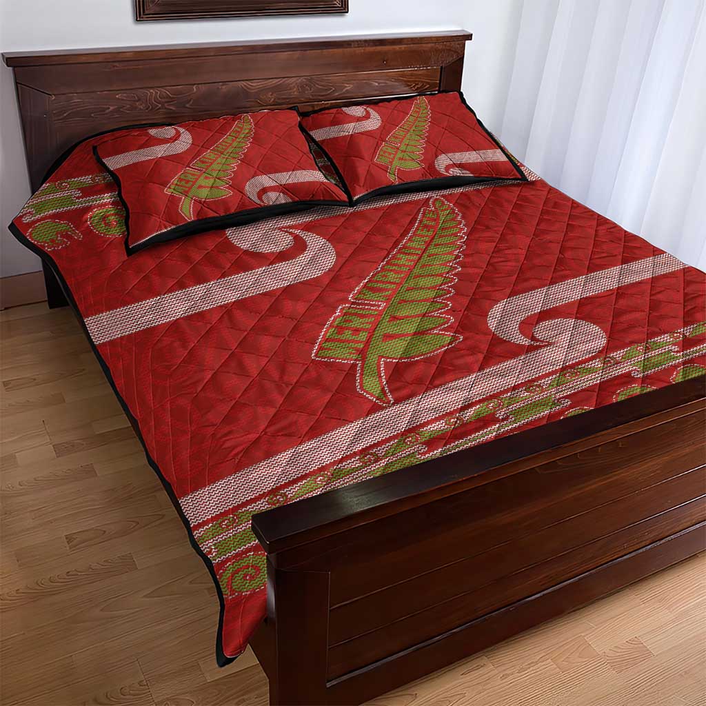 New Zealand Christmas Quilt Bed Set Meri Kirihimete Silver Fern Knit Style Green Color LT03 - Polynesian Pride
