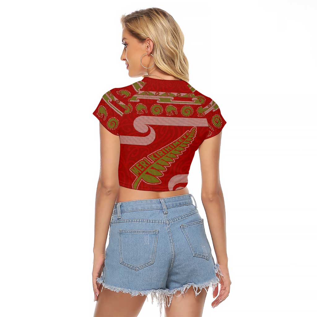 New Zealand Christmas Raglan Cropped T Shirt Meri Kirihimete Silver Fern Knit Style Green Color LT03 - Polynesian Pride