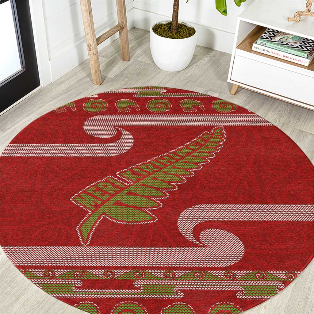 New Zealand Christmas Round Carpet Meri Kirihimete Silver Fern Knit Style Green Color LT03 Green - Polynesian Pride