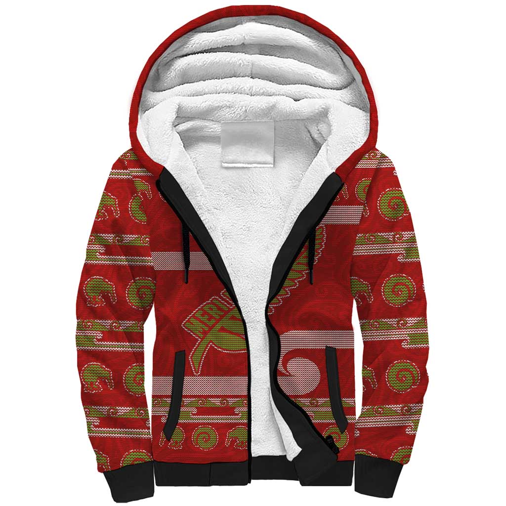 New Zealand Christmas Sherpa Hoodie Meri Kirihimete Silver Fern Knit Style Green Color - Polynesian Pride