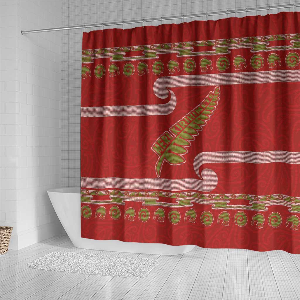 New Zealand Christmas Shower Curtain Meri Kirihimete Silver Fern Knit Style Green Color LT03 - Polynesian Pride