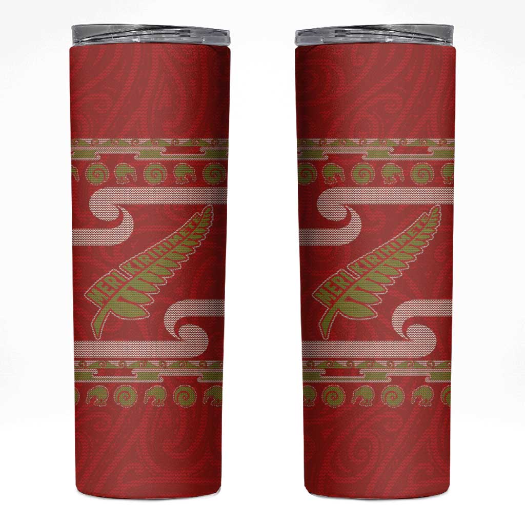 New Zealand Christmas Skinny Tumbler Meri Kirihimete Silver Fern Knit Style Green Color LT03 Green - Polynesian Pride