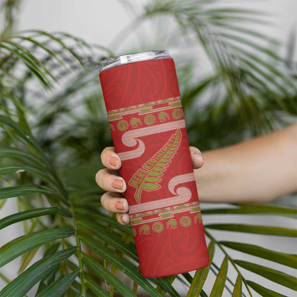 New Zealand Christmas Skinny Tumbler Meri Kirihimete Silver Fern Knit Style Green Color LT03 - Polynesian Pride