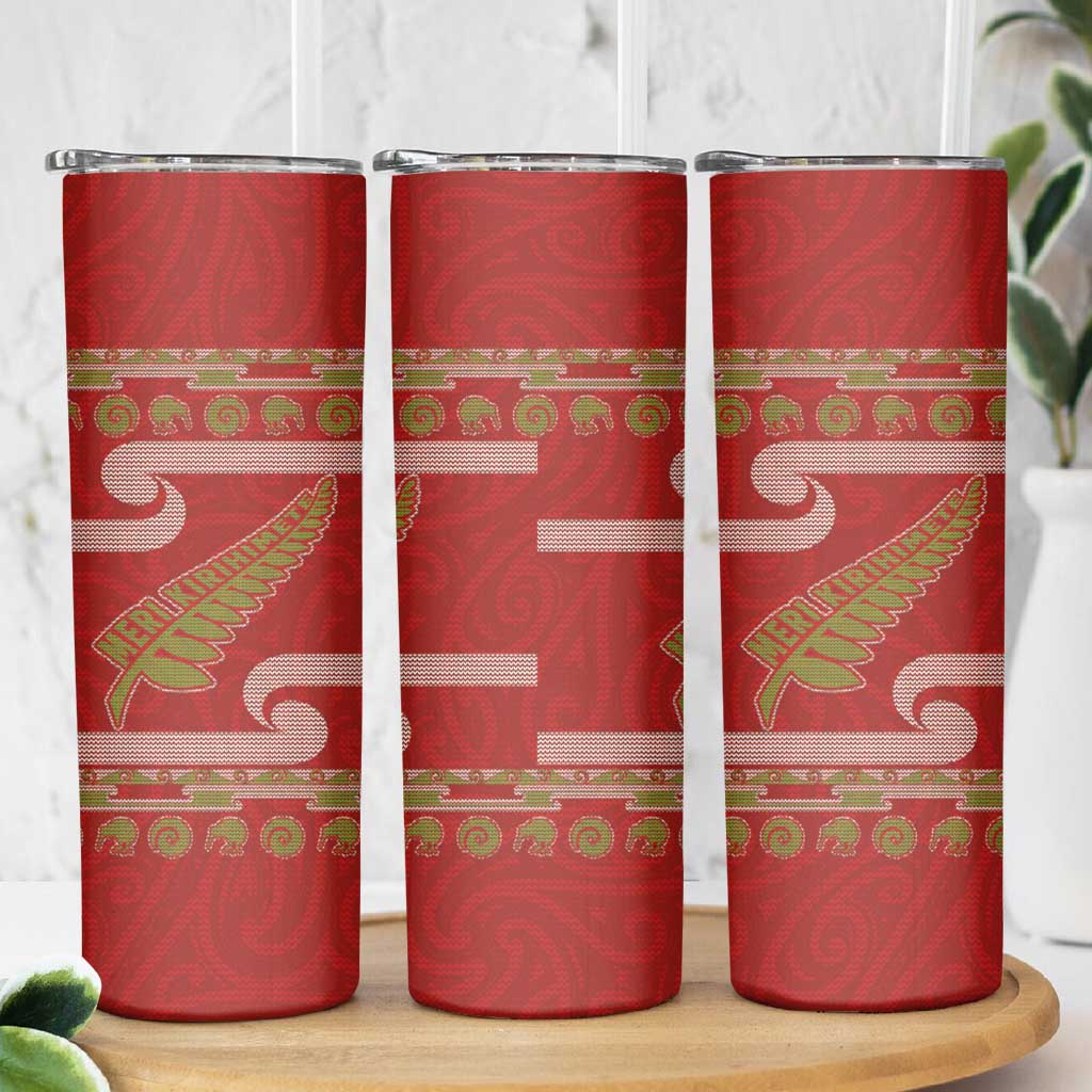 New Zealand Christmas Skinny Tumbler Meri Kirihimete Silver Fern Knit Style Green Color LT03 - Polynesian Pride