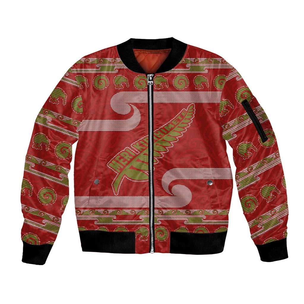 New Zealand Christmas Sleeve Zip Bomber Jacket Meri Kirihimete Silver Fern Knit Style Green Color LT03 Unisex Green - Polynesian Pride