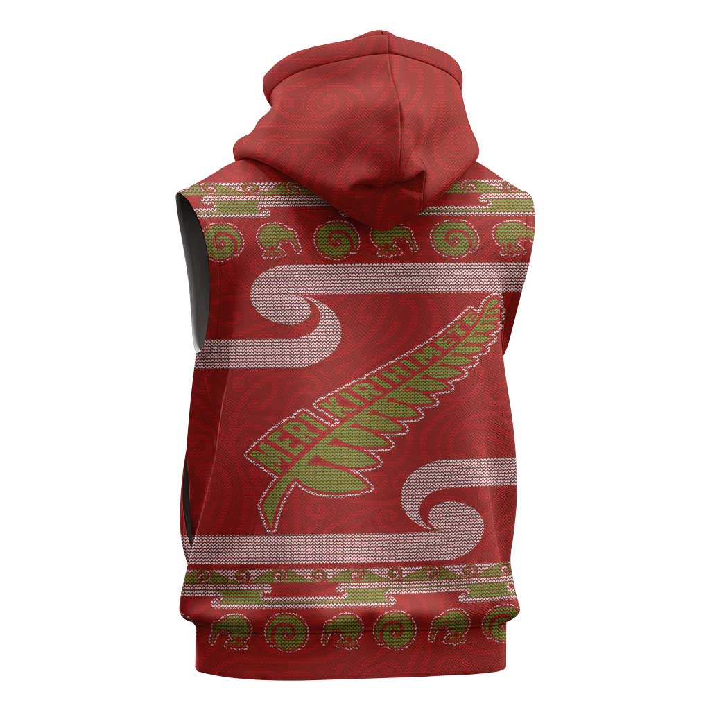 New Zealand Christmas Sleeveless Hoodie Meri Kirihimete Silver Fern Knit Style Green Color - Polynesian Pride