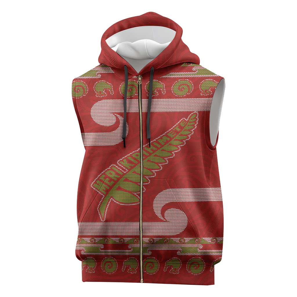 New Zealand Christmas Sleeveless Zip Hoodie Meri Kirihimete Silver Fern Knit Style Green Color - Polynesian Pride