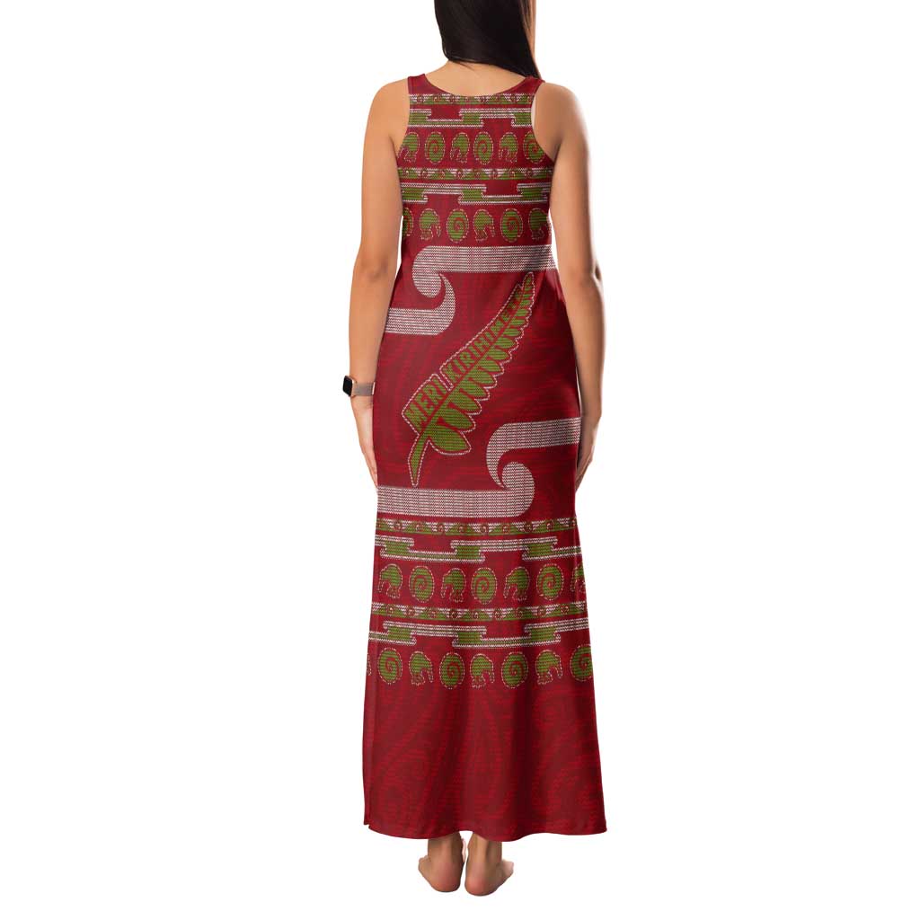 New Zealand Christmas Tank Maxi Dress Meri Kirihimete Silver Fern Knit Style Green Color LT03 - Polynesian Pride