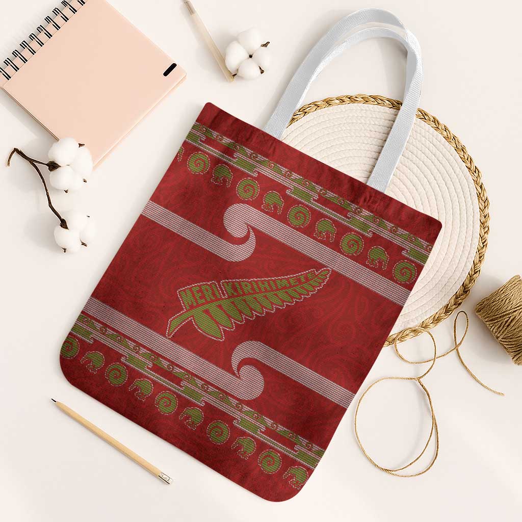 New Zealand Christmas Tote Bag Meri Kirihimete Silver Fern Knit Style Green Color - Polynesian Pride