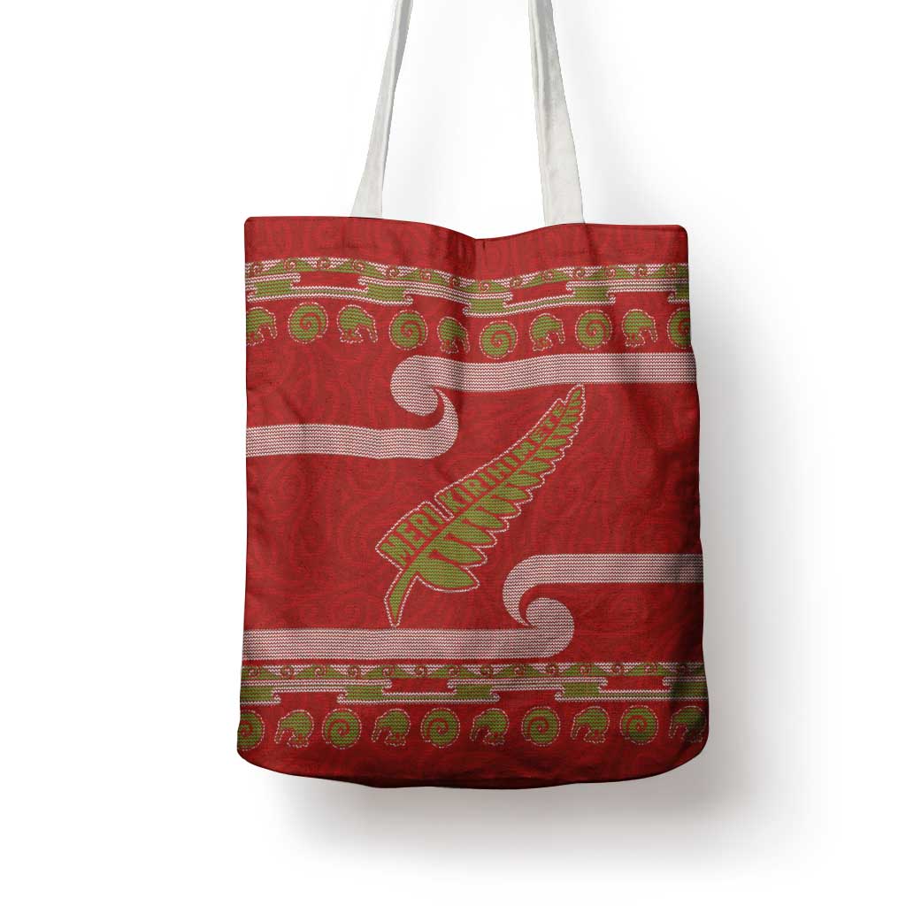 New Zealand Christmas Tote Bag Meri Kirihimete Silver Fern Knit Style Green Color - Polynesian Pride