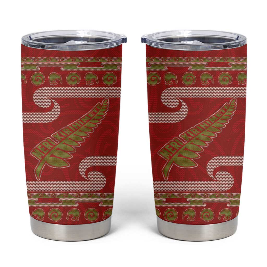 New Zealand Christmas Tumbler Cup Meri Kirihimete Silver Fern Knit Style Green Color LT03 Green - Polynesian Pride