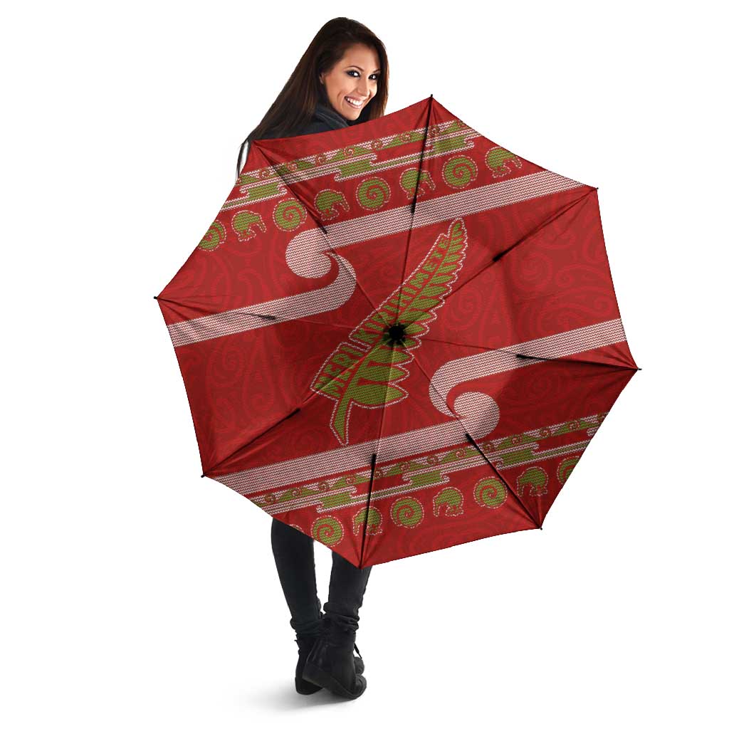 New Zealand Christmas Umbrella Meri Kirihimete Silver Fern Knit Style Green Color LT03 - Polynesian Pride