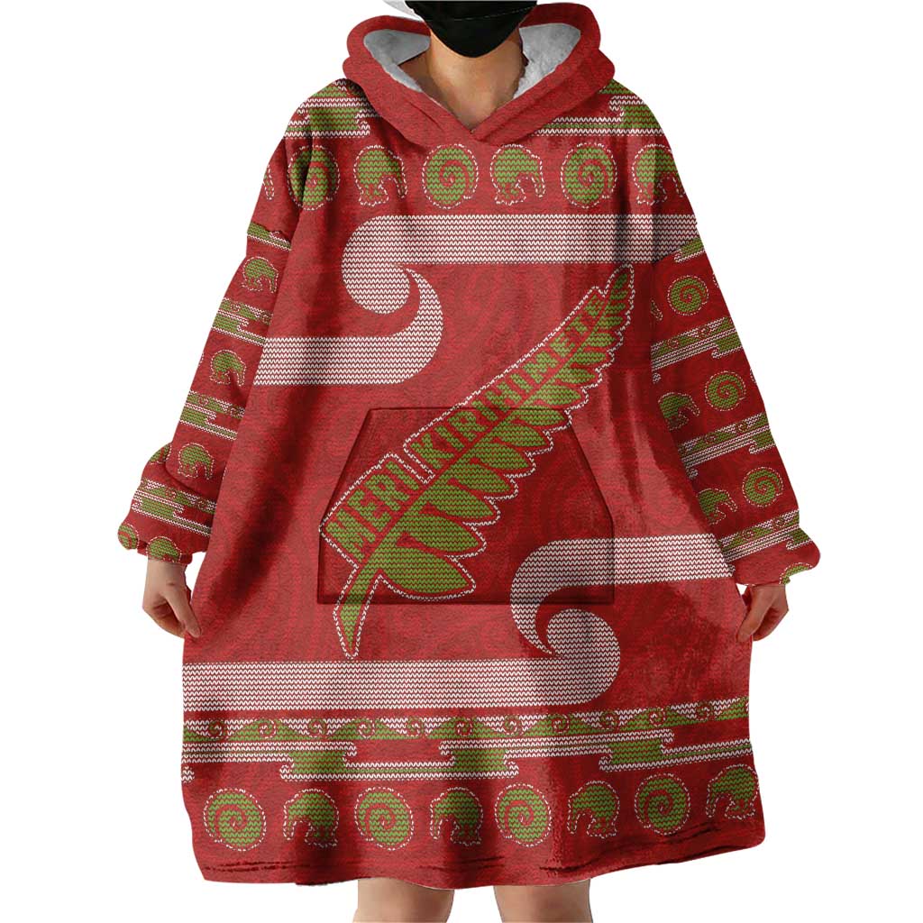 New Zealand Christmas Wearable Blanket Hoodie Meri Kirihimete Silver Fern Knit Style Green Color LT03 - Polynesian Pride