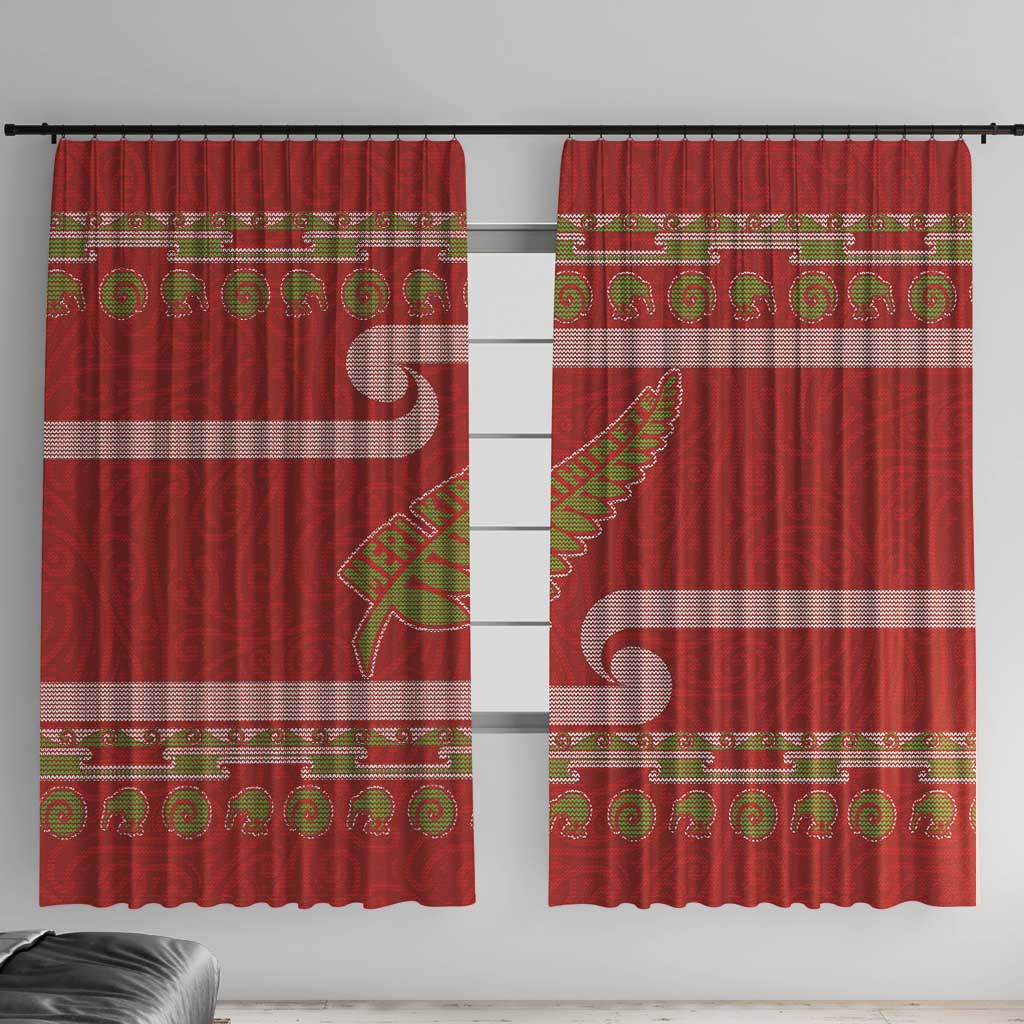 New Zealand Christmas Window Curtain Meri Kirihimete Silver Fern Knit Style Green Color LT03 With Hooks Green - Polynesian Pride