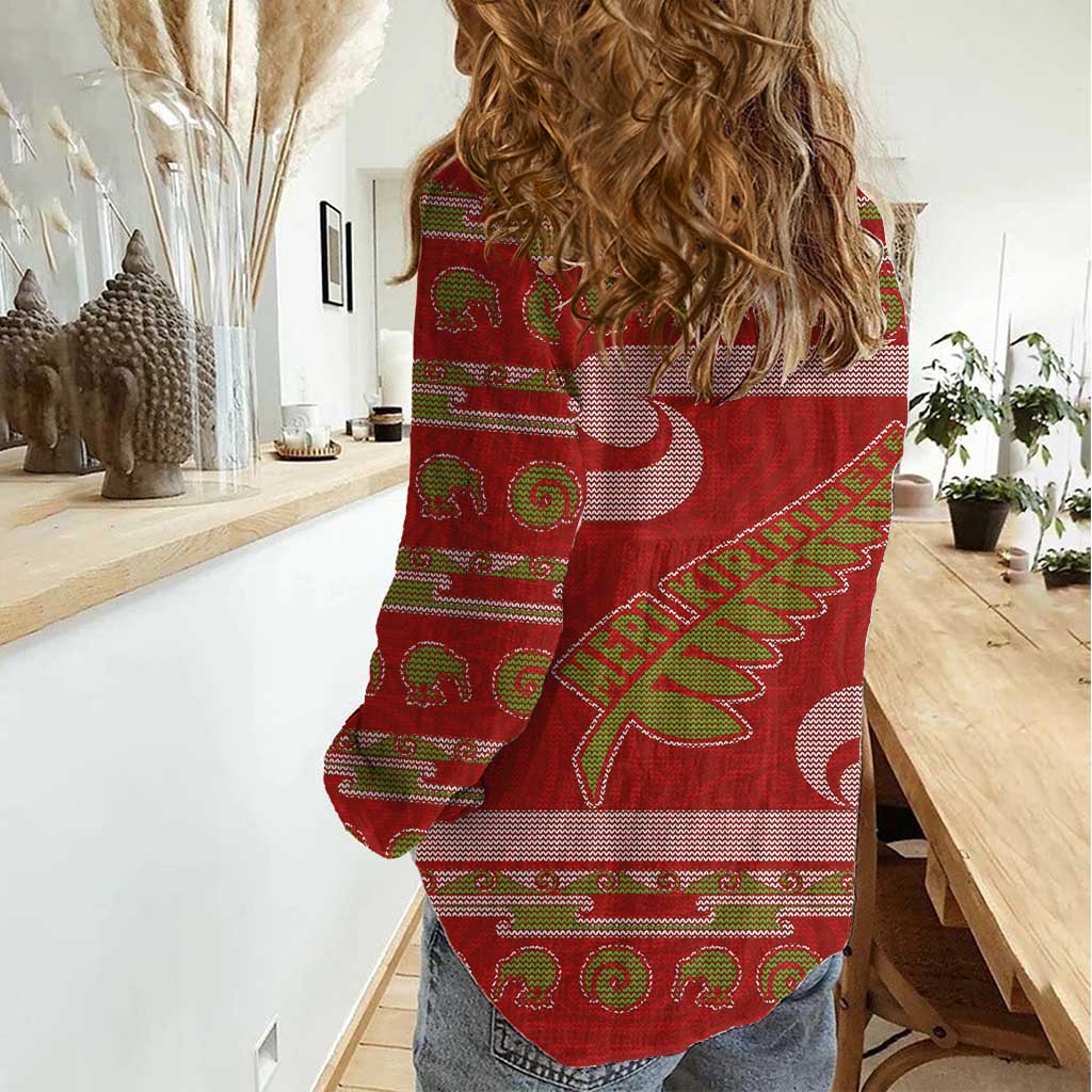 New Zealand Christmas Women Casual Shirt Meri Kirihimete Silver Fern Knit Style Green Color LT03 - Polynesian Pride
