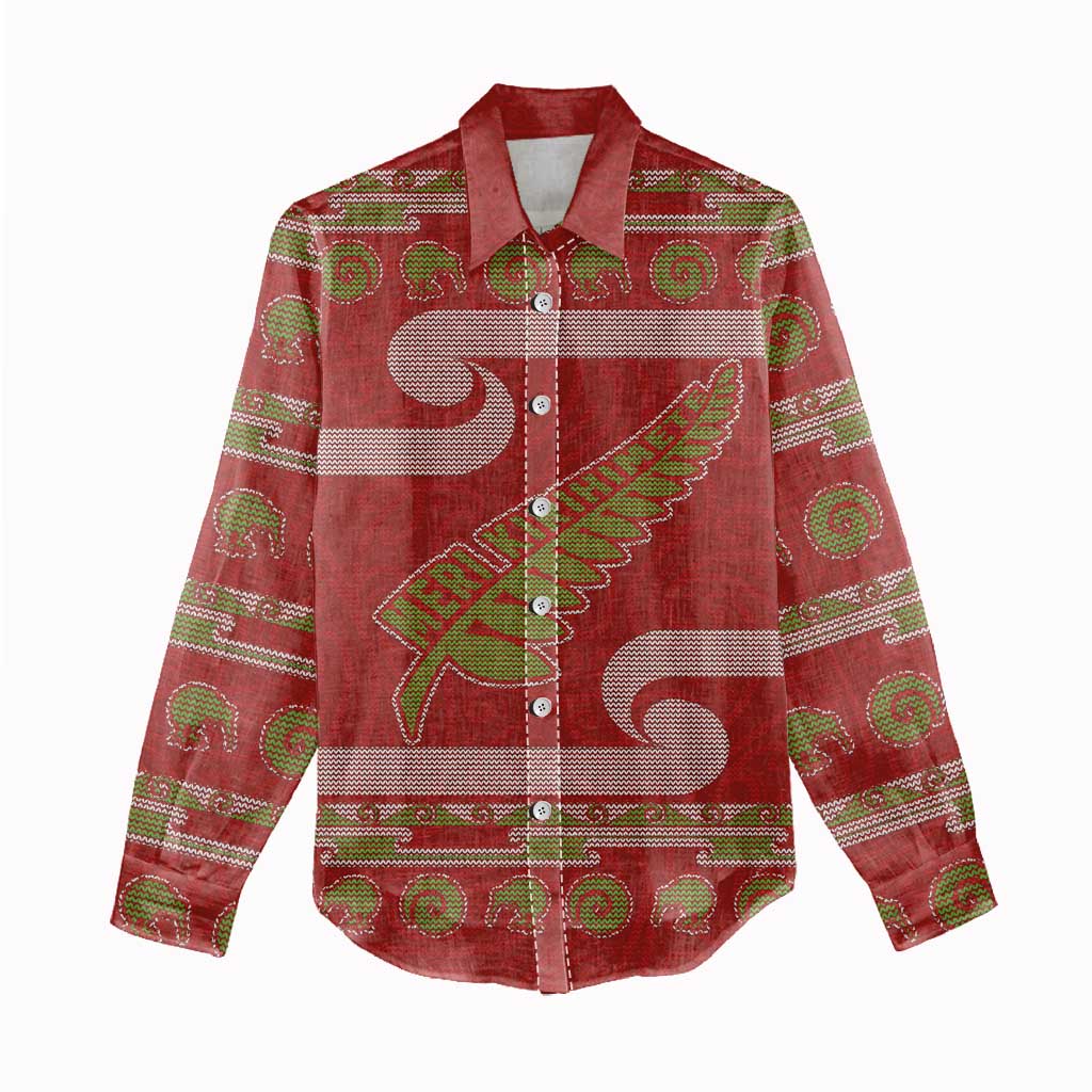 New Zealand Christmas Women Casual Shirt Meri Kirihimete Silver Fern Knit Style Green Color LT03 - Polynesian Pride