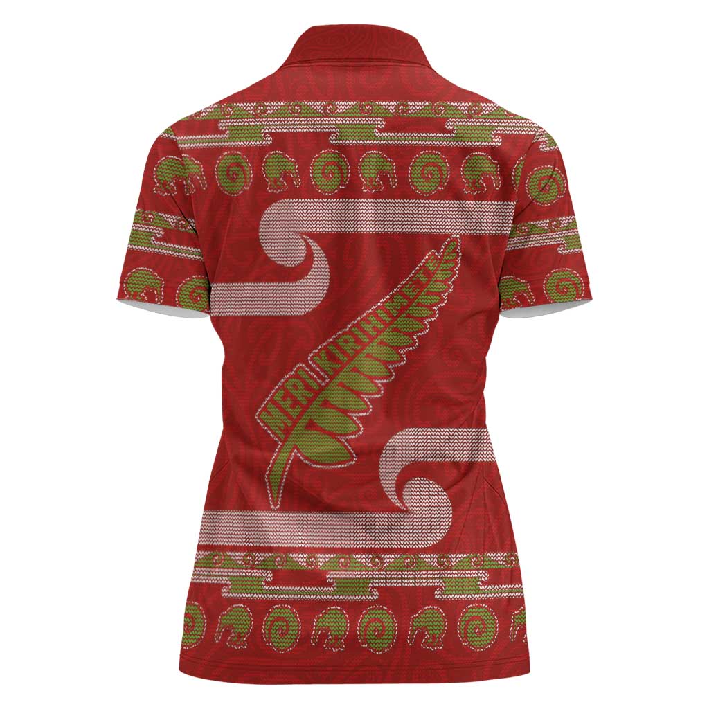 New Zealand Christmas Women Polo Shirt Meri Kirihimete Silver Fern Knit Style Green Color LT03 - Polynesian Pride
