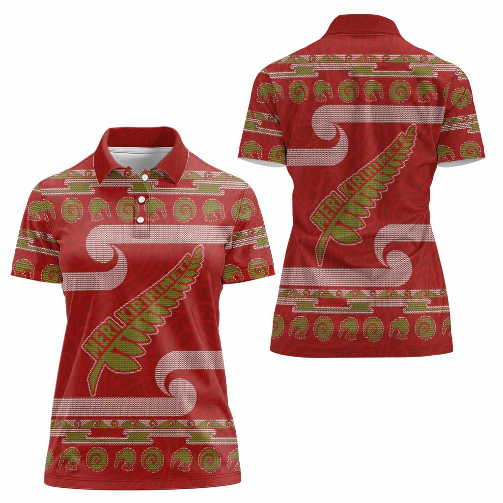 New Zealand Christmas Women Polo Shirt Meri Kirihimete Silver Fern Knit Style Green Color LT03 - Polynesian Pride