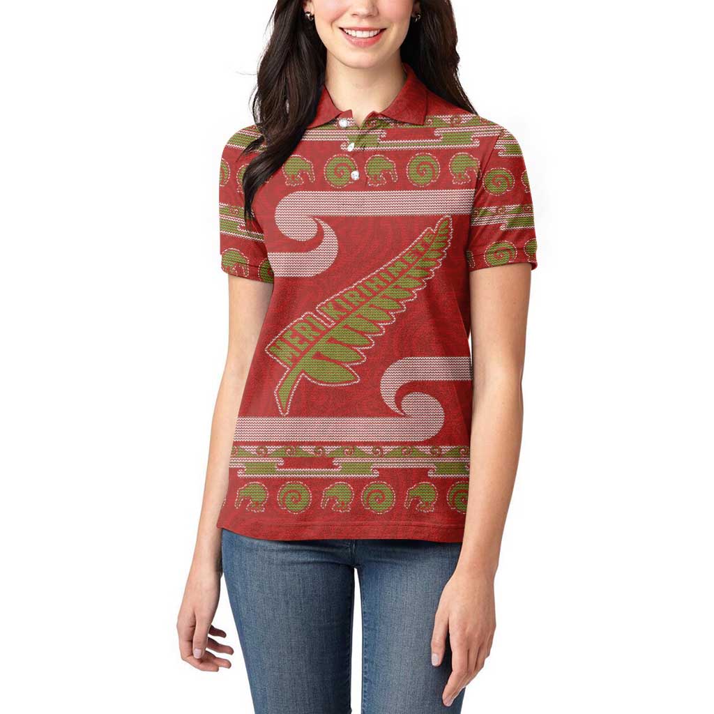 New Zealand Christmas Women Polo Shirt Meri Kirihimete Silver Fern Knit Style Green Color LT03 - Polynesian Pride