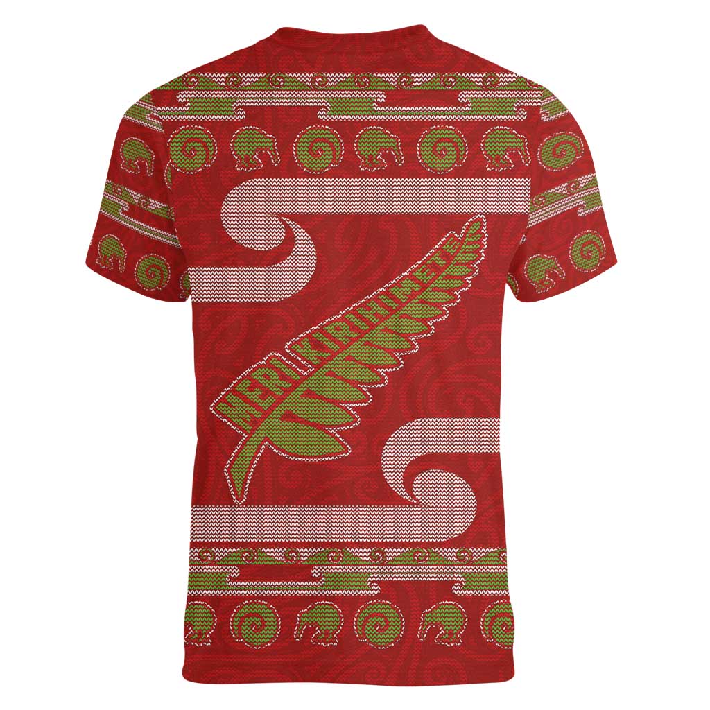 New Zealand Christmas Women V-Neck T-Shirt Meri Kirihimete Silver Fern Knit Style Green Color LT03 - Polynesian Pride