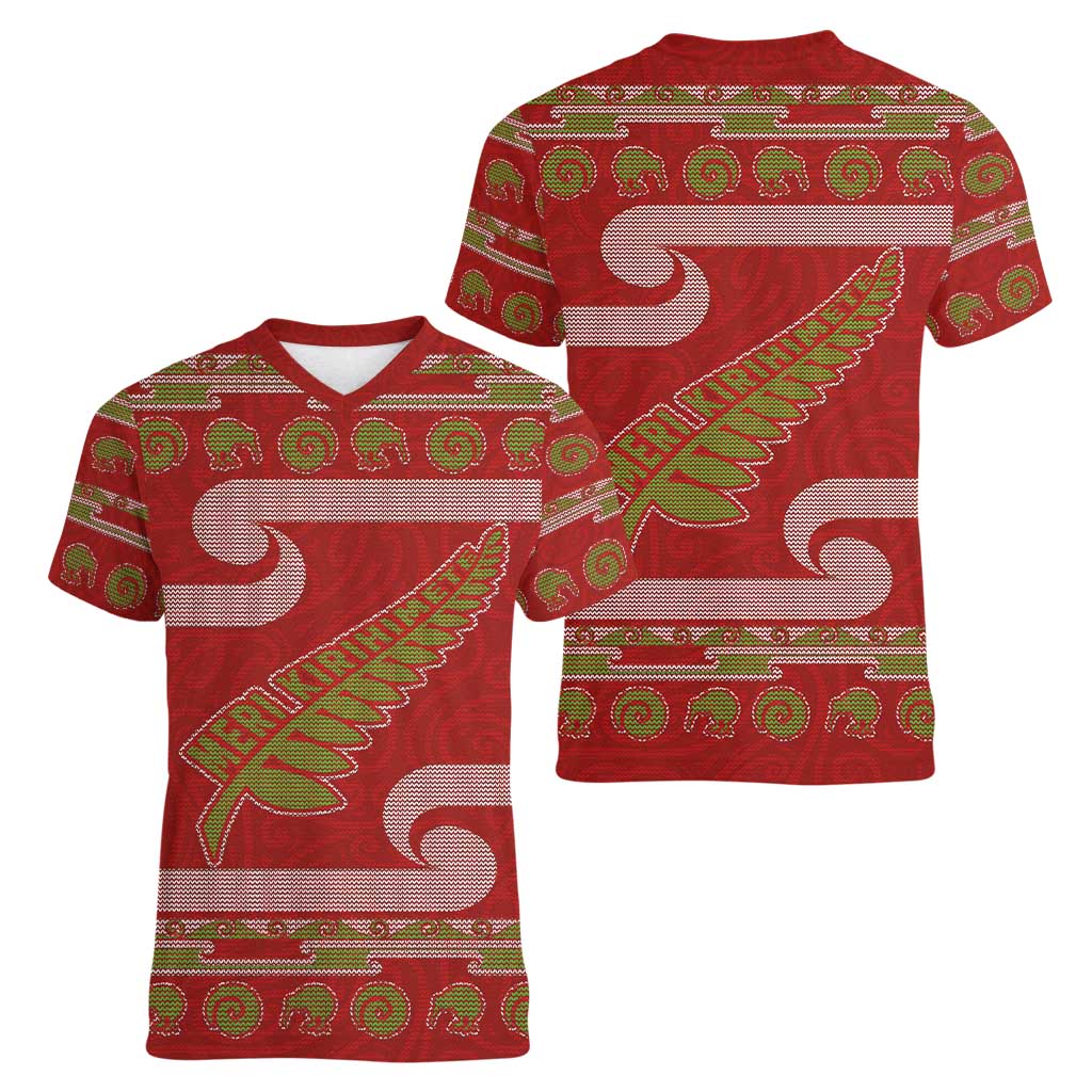 New Zealand Christmas Women V-Neck T-Shirt Meri Kirihimete Silver Fern Knit Style Green Color LT03 - Polynesian Pride