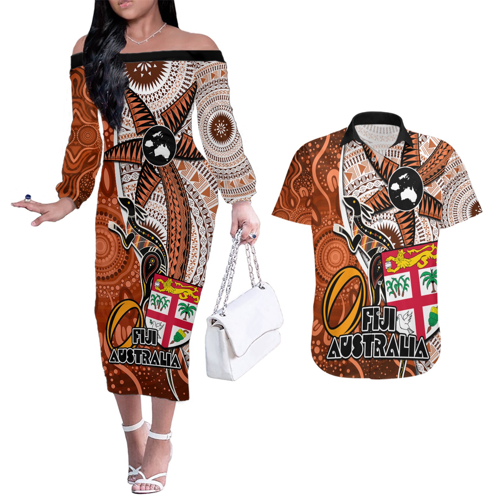 fiji-australia-rugby-couples-matching-off-the-shoulder-long-sleeve-dress-and-hawaiian-shirt-kangaroo-and-palm-tree-orange-tapa-pattern-mix-aboriginal