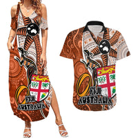 fiji-australia-rugby-couples-matching-summer-maxi-dress-and-hawaiian-shirt-kangaroo-and-palm-tree-orange-tapa-pattern-mix-aboriginal